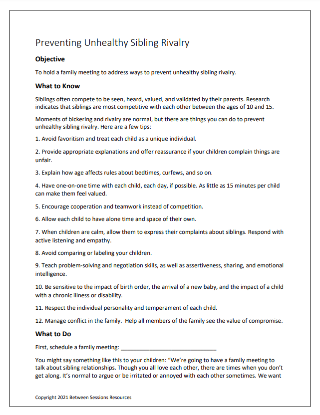 Preventing Unhealthy Sibling Rivalry Worksheet