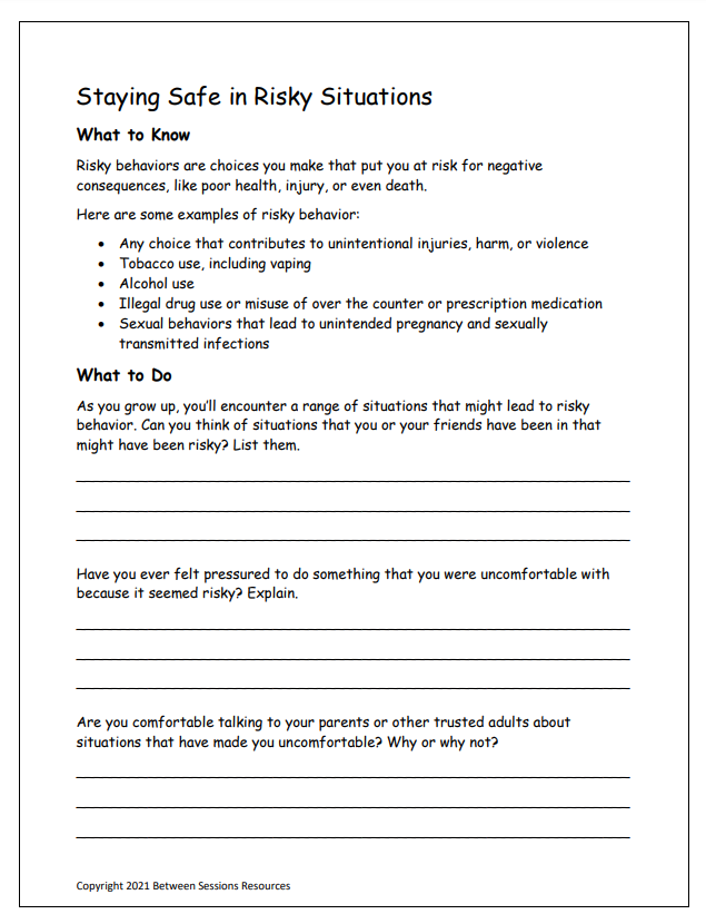 Staying Safe in Risky Situations Worksheet (teens) – The Counseling Store