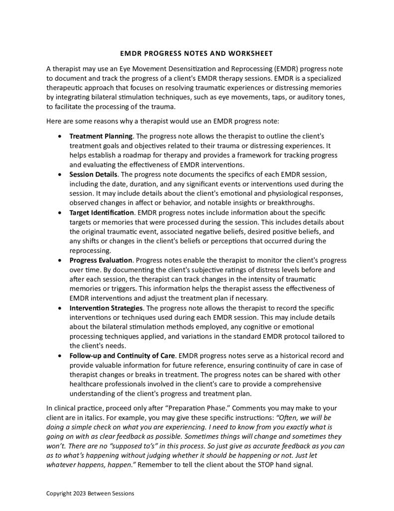 Emdr History Note Example EMDR Progress Notes and Worksheet – The Counseling Store