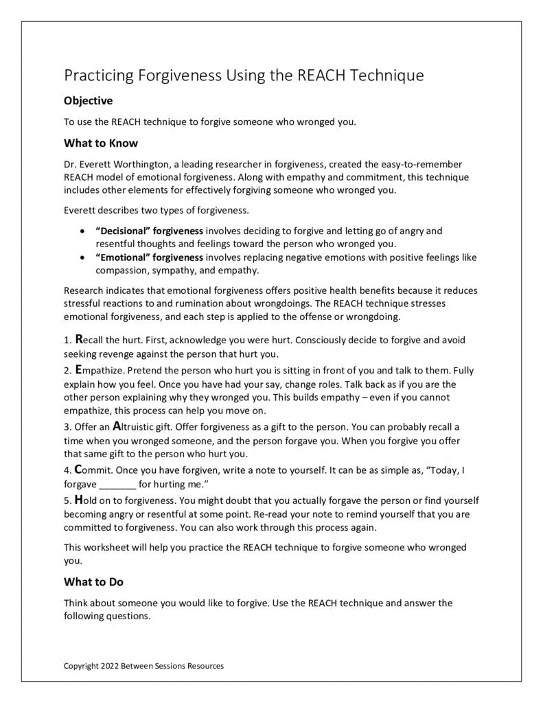 Reach Method Practicing Forgiveness Using the REACH Technique – The Counseling Store