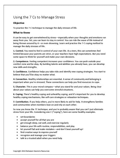 Using the 7 Cs to Manage Stress (Teen)- Worksheet