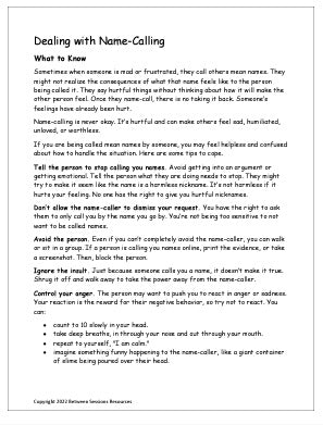 Dealing with Name-Calling Worksheet (children) – The Counseling Store