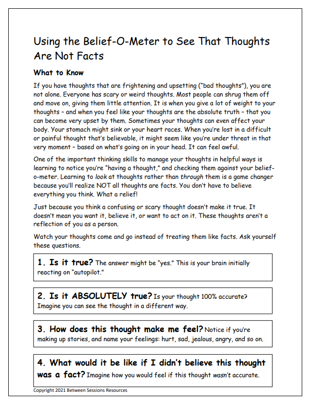 Using the Belief-O-Meter to See That Thoughts Are Not Facts Worksheet (teens)