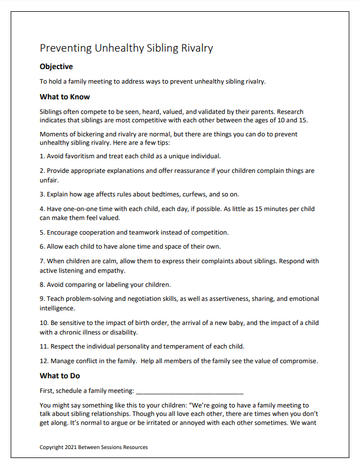 Sibling Rivalry Worksheet.pdf Preventing Unhealthy Sibling Rivalry Worksheet – The Counseling Store