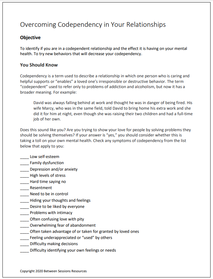 Overcoming Codependency in Your Relationships Worksheet