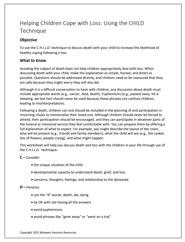 Helping Children Cope with Loss: Using the CHILD Technique Worksheet