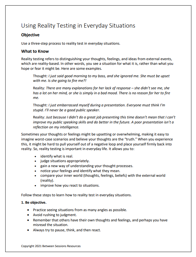 Using Reality Testing in Everyday Situations Worksheet The Counseling
