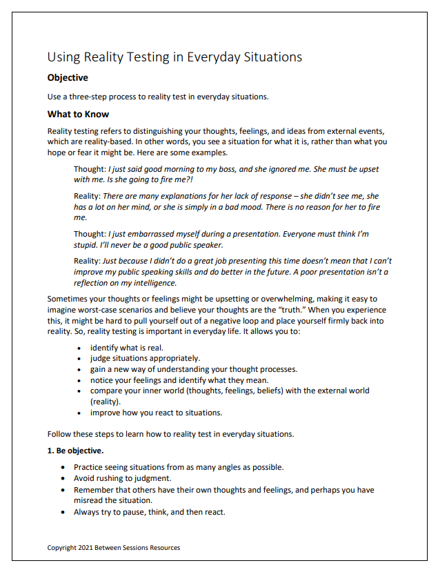 Using Reality Testing in Everyday Situations Worksheet