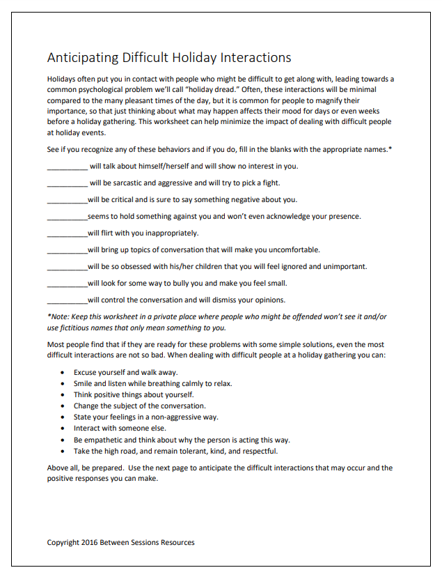 Anticipating Difficult Holiday Interactions Worksheet
