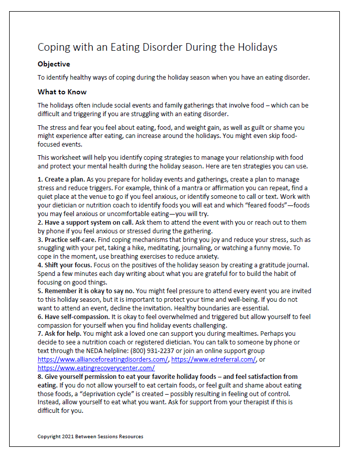 Coping with an Eating Disorder During the Holidays Worksheet