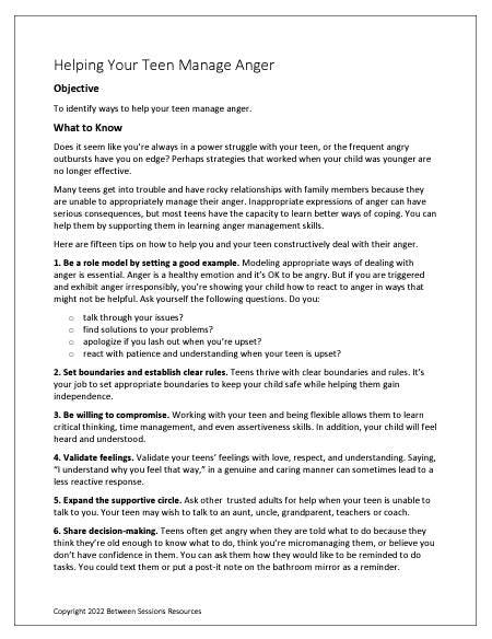 Helping Your Teen Manage Anger (Parenting)- Worksheet