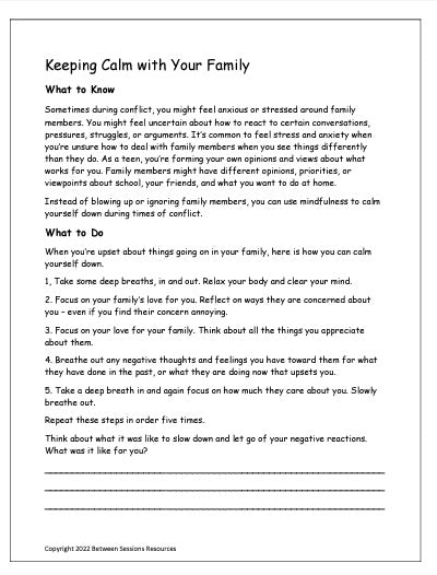 Keeping Calm with Your Family Worksheet (teens)