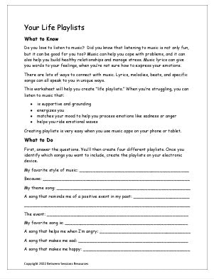 Your Life Playlists Worksheet (teens)
