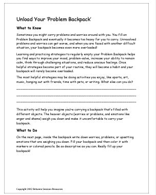 Unload Your Problem Backpack Worksheet (children, teens)